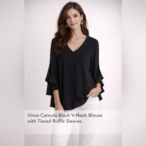 Vince Camuto Black V-Neck Blouse with Tiered Ruffle Sleeves